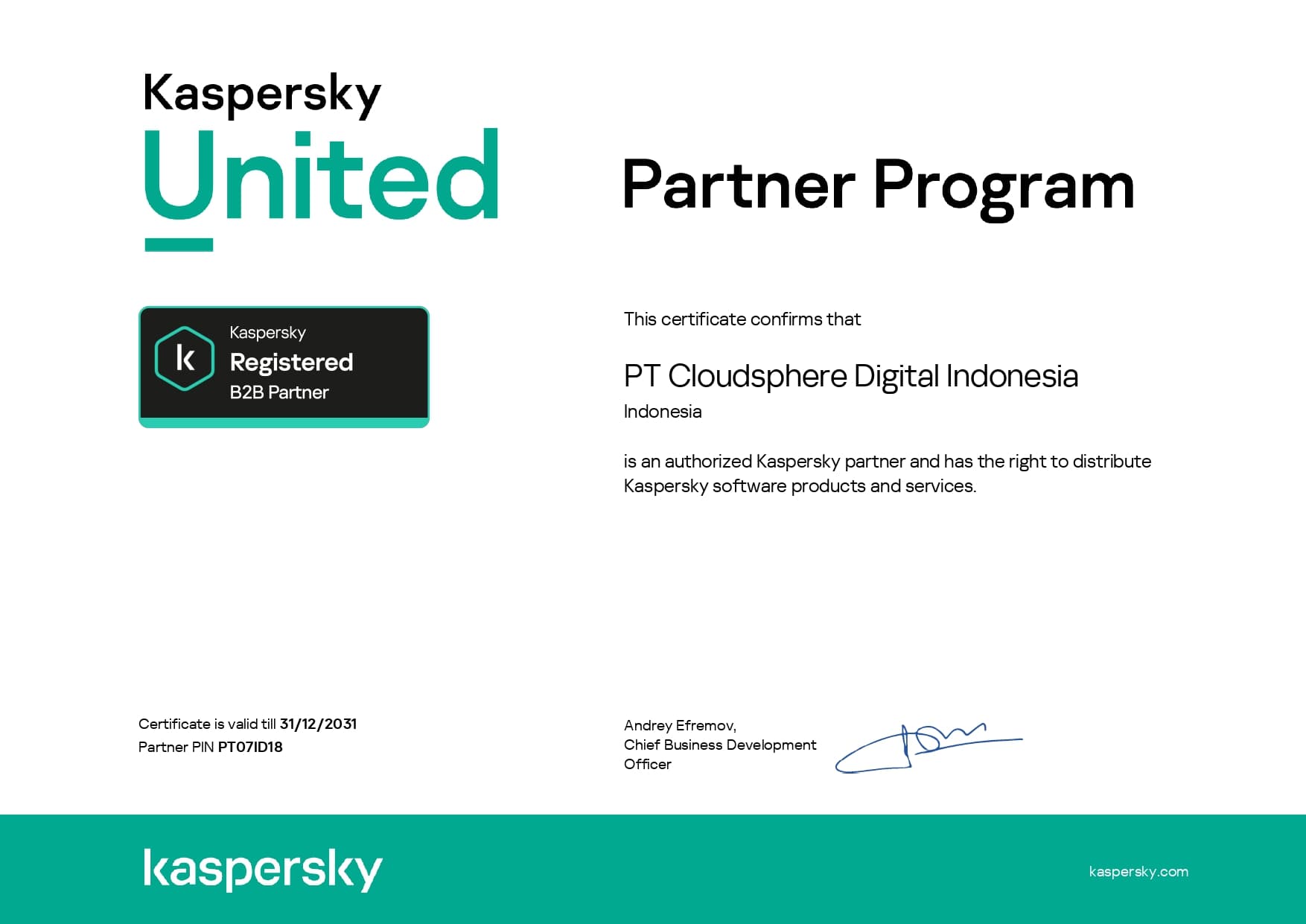Sertifikat Kaspersky United Partner Program untuk PT Cloudsphere Digital Indonesia sebagai Registered B2B Partner